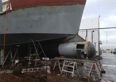 Most of the steel fabrication is complete, bottom paint completed up to the bulbous bow.